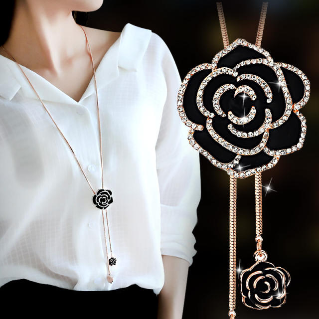 Korean fashion black color enamel rose long necklace