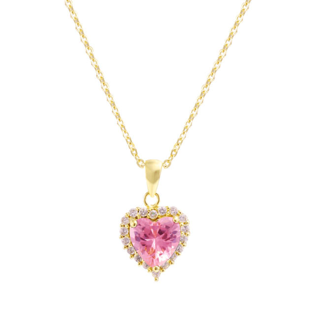 Sweet pink color cubic zircon heart copper necklace
