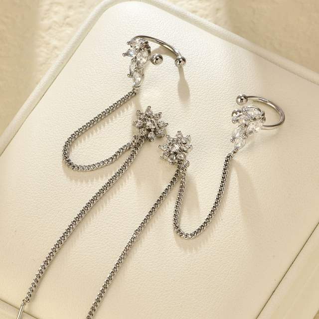 Elegant cubic zircon flower threader earrings