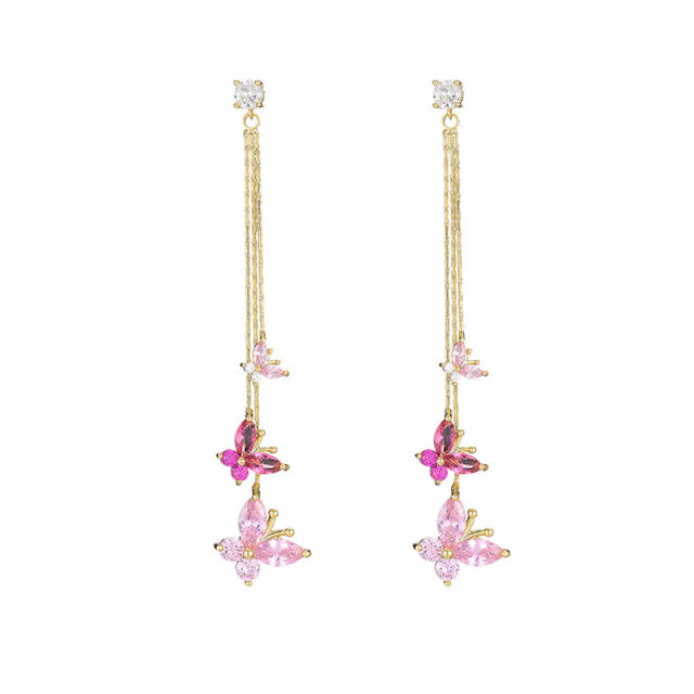 Sweet pink color cubic zircon butterfly long earrings