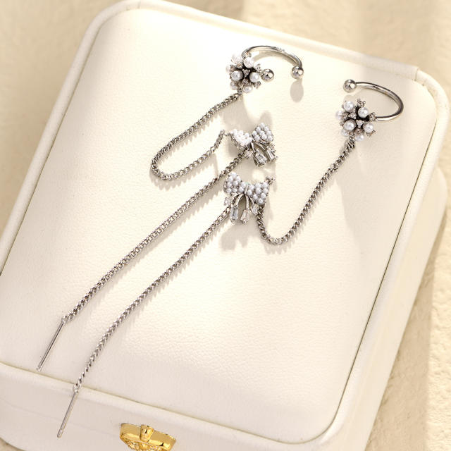 Elegant rhinestone butterfly flower threader earrings