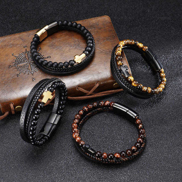 Natural tiger eye beads stainless steel cross men bracelet