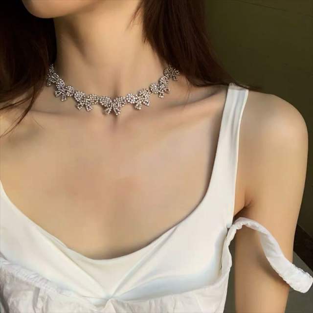 Sweet diamond bow choker necklace set
