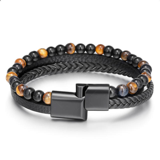 Concise PU leather tiger eye beads men bracelet