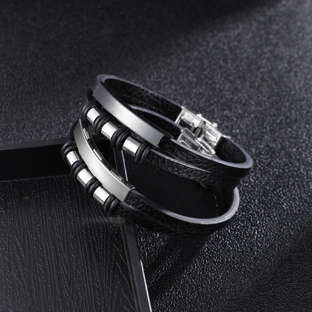 Stainless steel accessory pu leather men bracelet