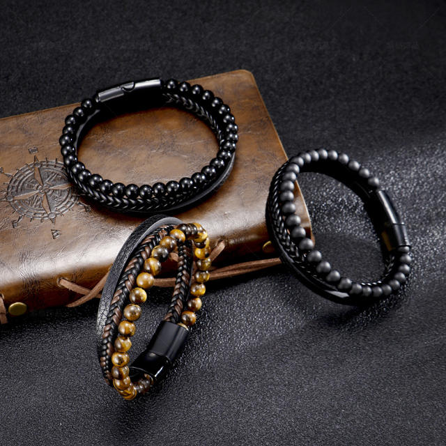 National tiger eye beads pu leather men bracelet