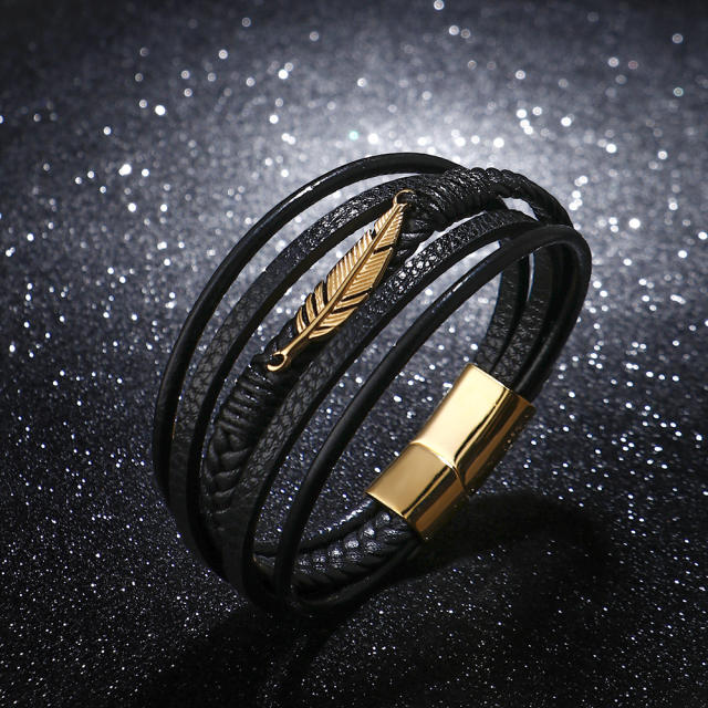 Stainless steel feather PU leather men bracelet