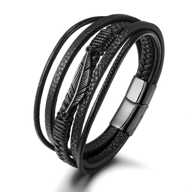 Stainless steel feather PU leather men bracelet