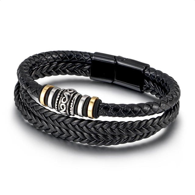 National trend black PU leather layer men bracelet