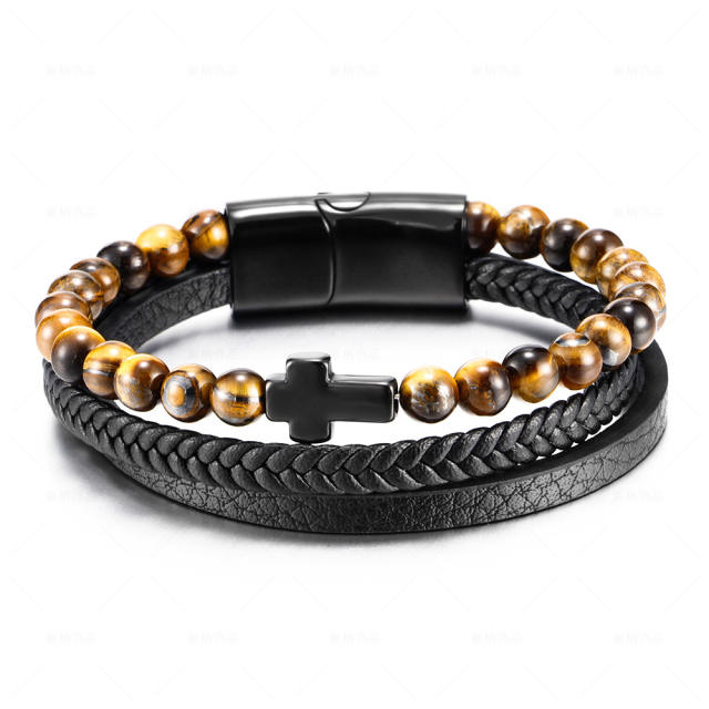 Natural tiger eye beads stainless steel cross men bracelet