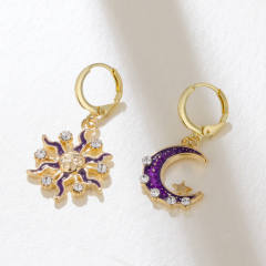 Elegant purple enamel moon sun Asymmetric earrings