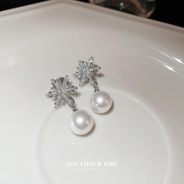 Diamond snowflake pearl earrings