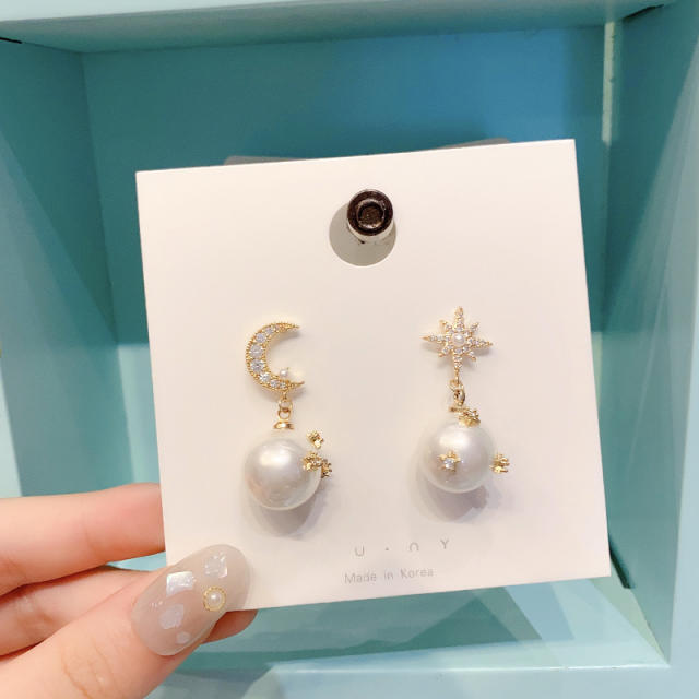 925 needle elgant diamond star moon pearl drop earrings