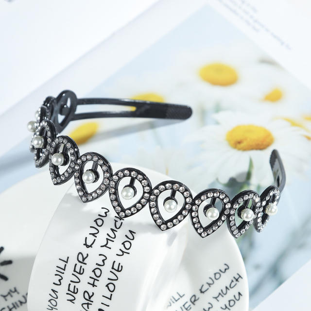 Korean fashion rhinestone pearl beads black plastic headband