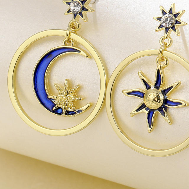 Personality blue enamel moon sun Asymmetric earrings