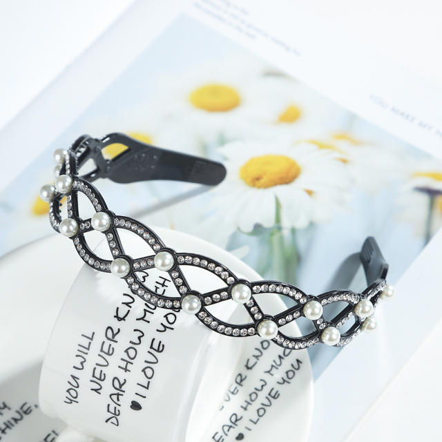 Korean fashion rhinestone pearl beads black plastic headband