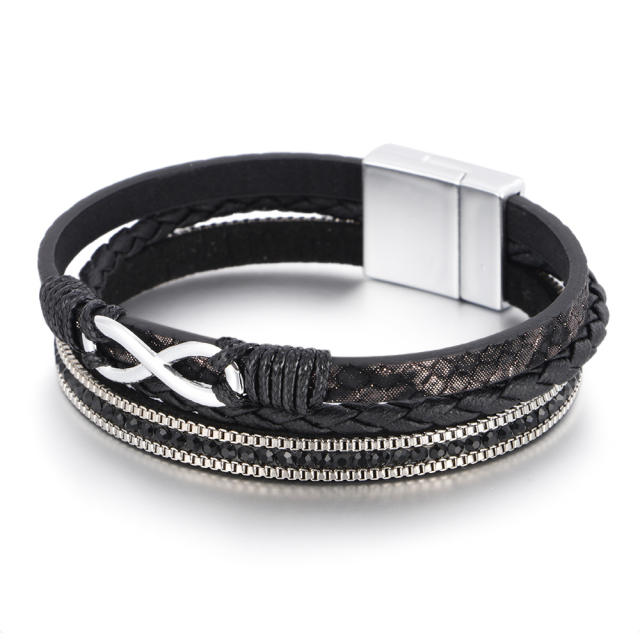 Hot sale silver infinity symbol PU leather men bracelet