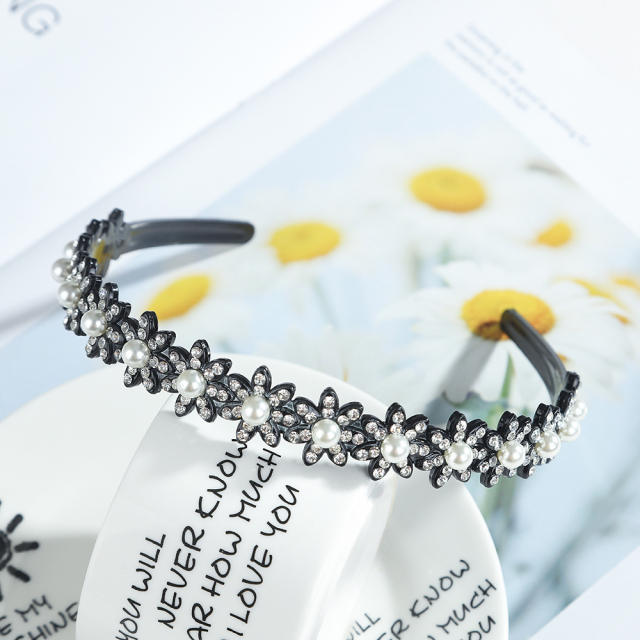 Korean fashion rhinestone pearl beads black plastic headband