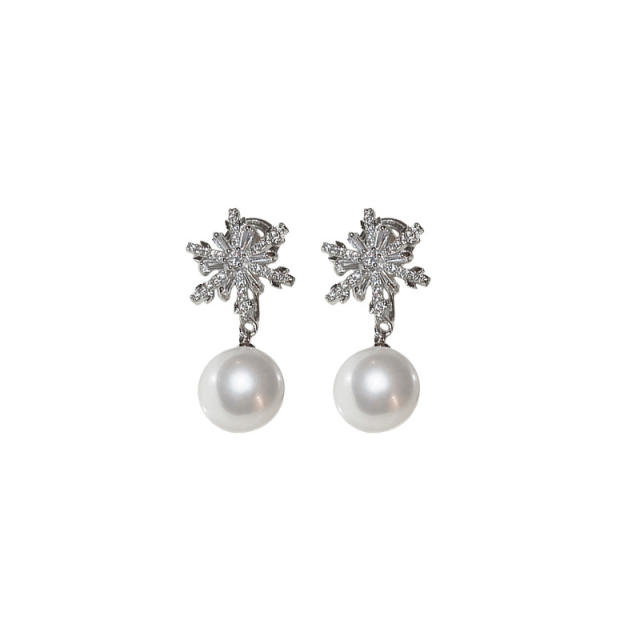 Diamond snowflake pearl earrings