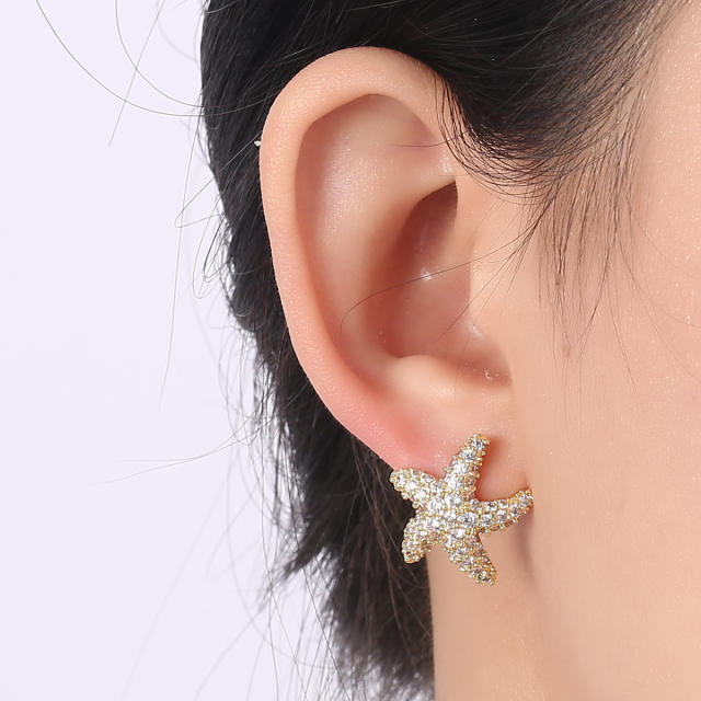 Eelgant rhinestone pave setting starfish studs earrings