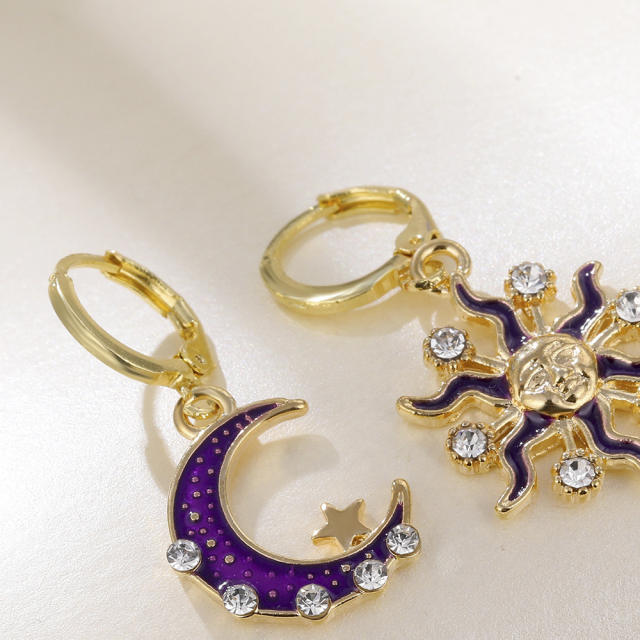 Elegant purple enamel moon sun Asymmetric earrings