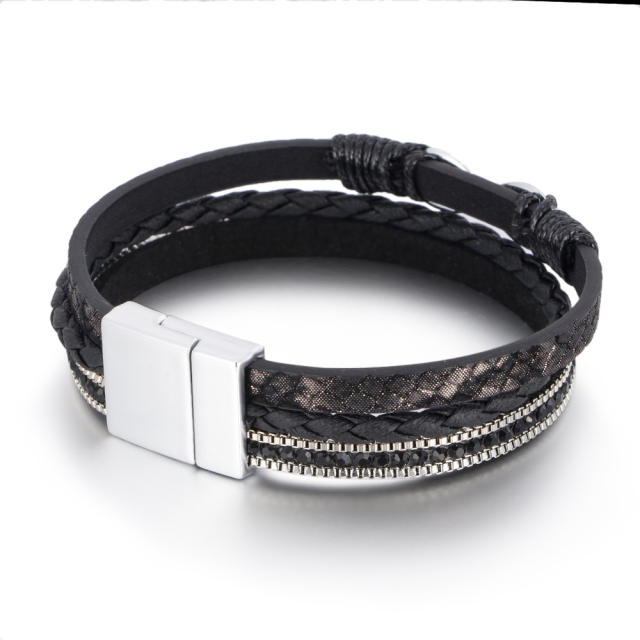 Hot sale silver infinity symbol PU leather men bracelet