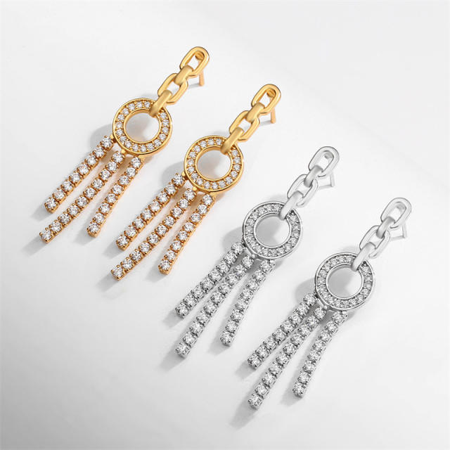 Popular cubic zircon full setting chain tassel earrings