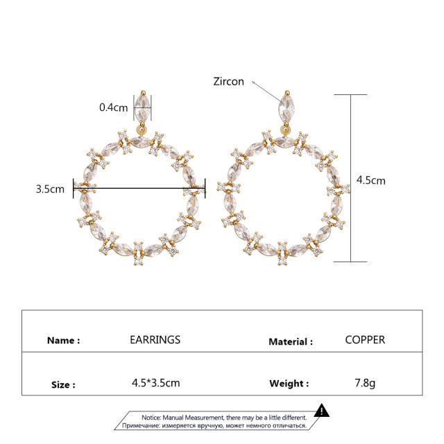Elegant color cubic zircon geometric circle copper earrings