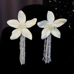 Sweet white fabric flower bead tassel clip on earrings