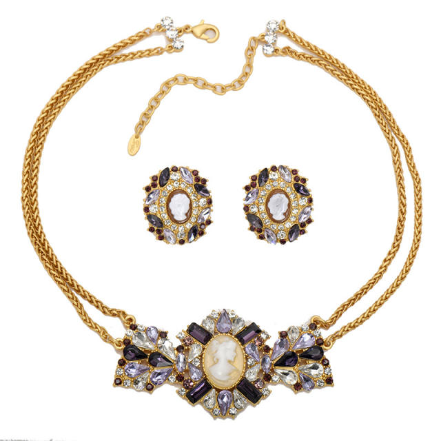 Vintage purple rhinestone ear studs choker necklace set