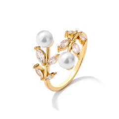 Creative cubic zircon pearl leaf copper rings