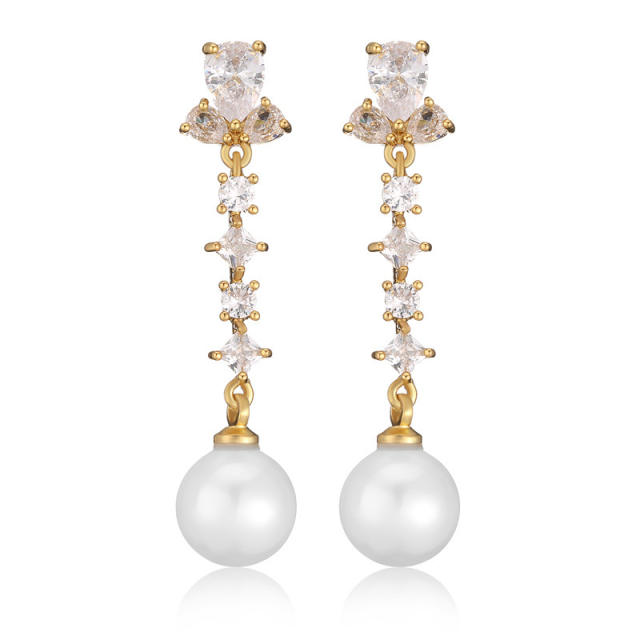 Delicate cubic zircon pearl copper long earrings