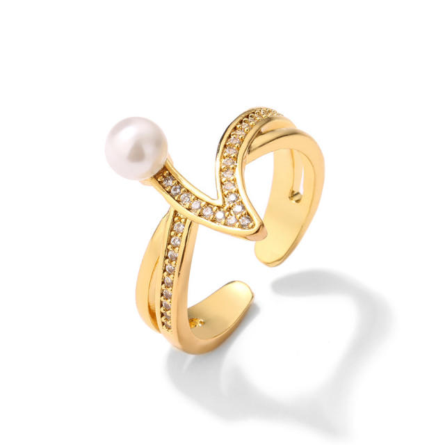 Elegant pearl cubic zircon geometric copper rings