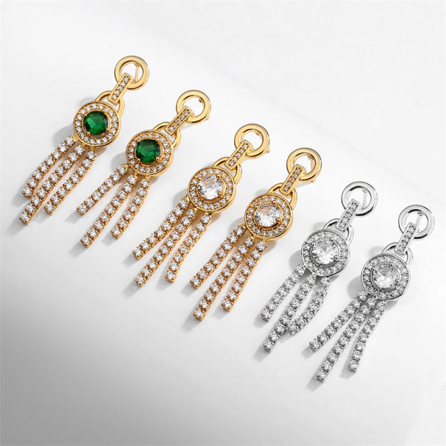 Creative pave setting cubic zircon tassel copper earrings