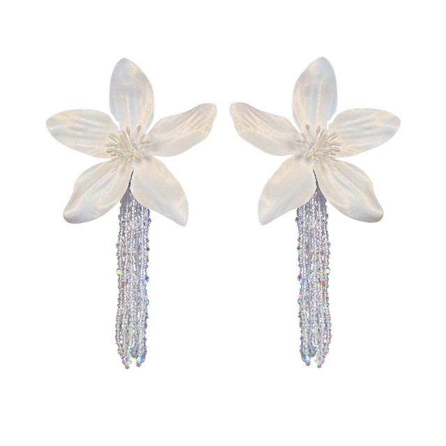 Sweet white fabric flower bead tassel clip on earrings
