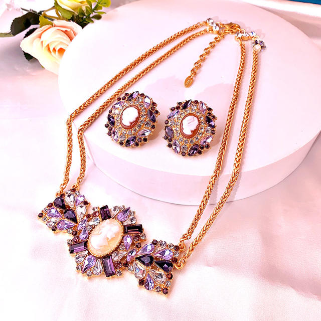 Vintage purple rhinestone ear studs choker necklace set