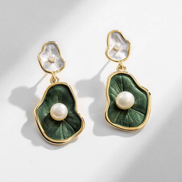 Korean fashion green lotus leaf pearl earrings
