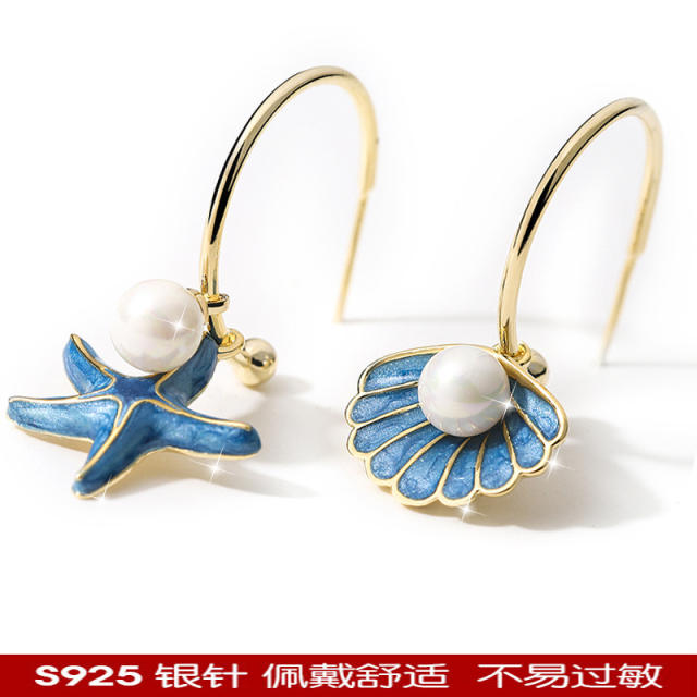 Creative blue color starfish shell pearl asymmetrical earrings