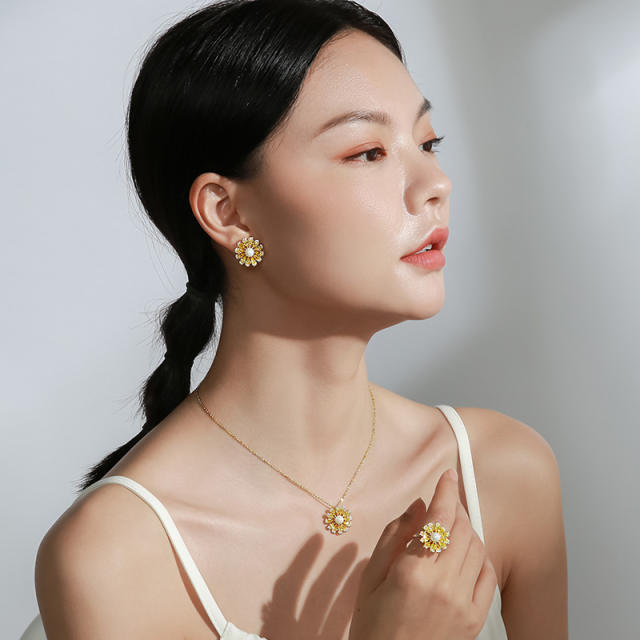 Elegant topaz setting pearl sunflower jewelry set