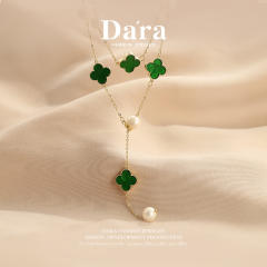 Luxury green color clover water pearl long necklace