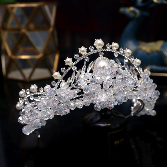 Korean fashion handmade crystal beads pearl crown