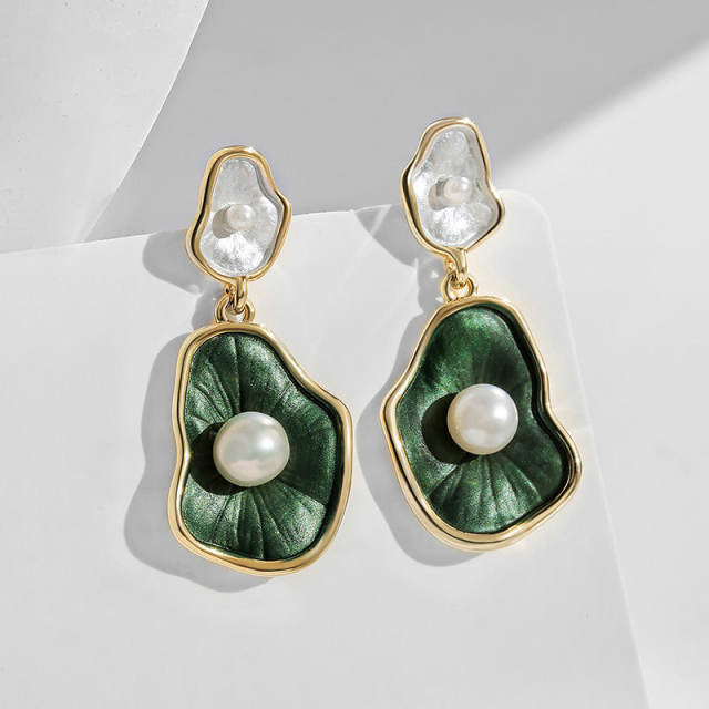 Korean fashion green lotus leaf pearl earrings