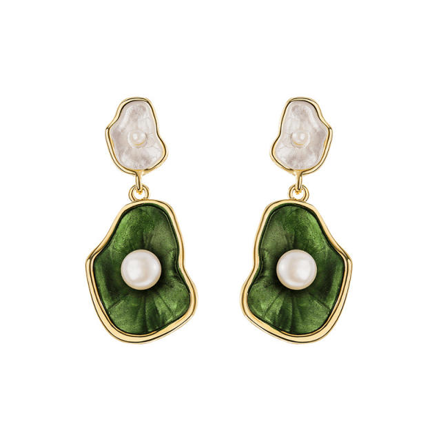 Korean fashion green lotus leaf pearl earrings