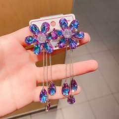 Color crystal flower tassel long earrings
