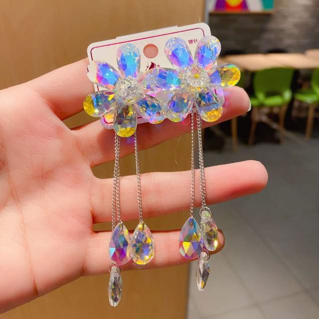 Color crystal flower tassel long earrings