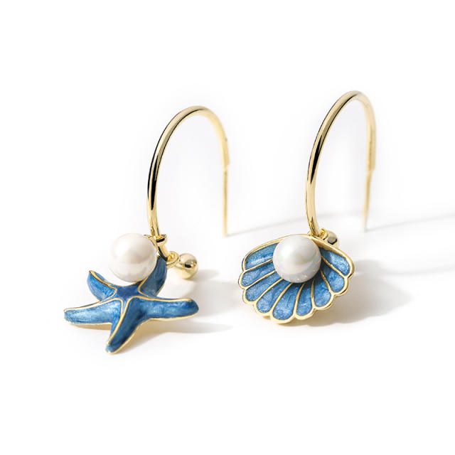 Creative blue color starfish shell pearl asymmetrical earrings