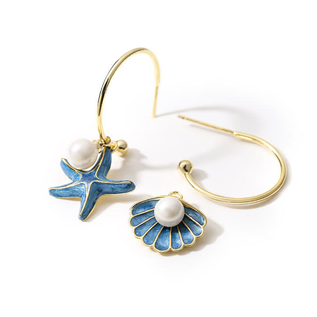 Creative blue color starfish shell pearl asymmetrical earrings