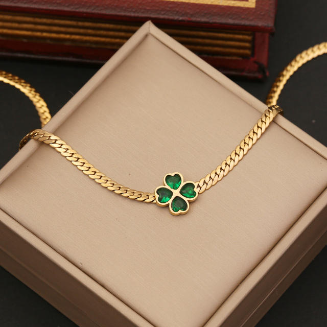 Classic emerald clover stainless steel necklace earrings bangle