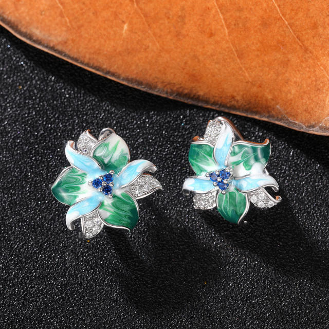 Green color enamel flower copper studs earrings