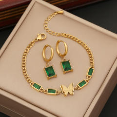 Fashionable emerald butterfly stainless steel necklace earrings bracelet